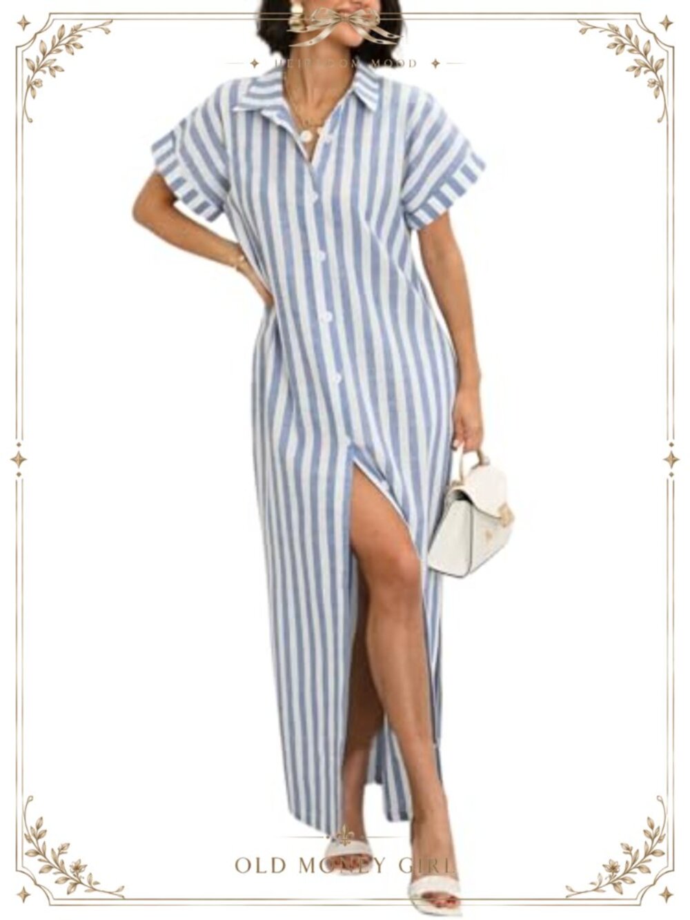 Women's Maxi Button Down Shirt Dress Striped Belted Short Sleeve Casual